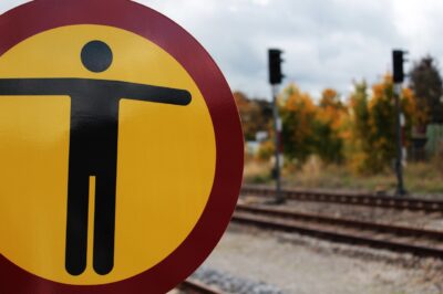 traffic sign, warning sign, train tracks